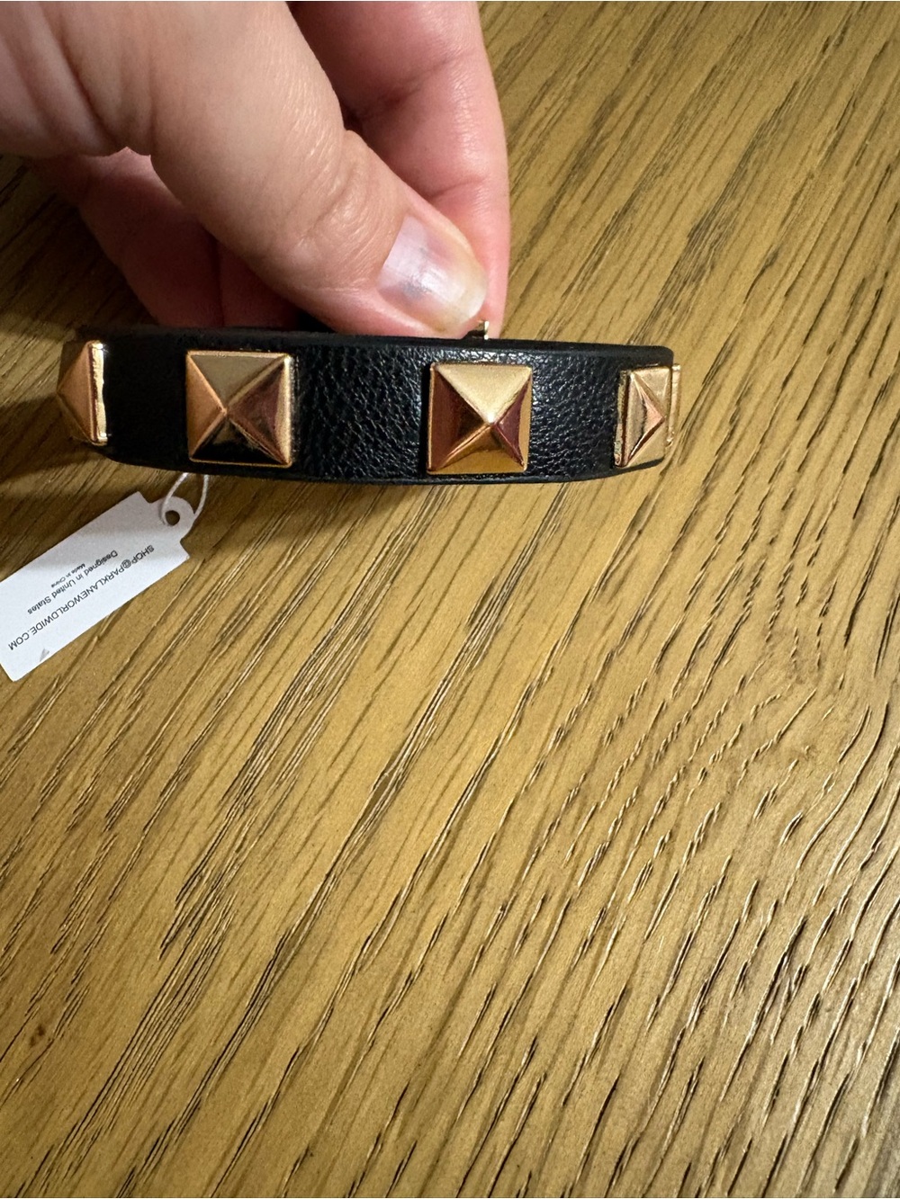 Park Lane Black Leather Bracelet with Rose Gold Pyramid Studs